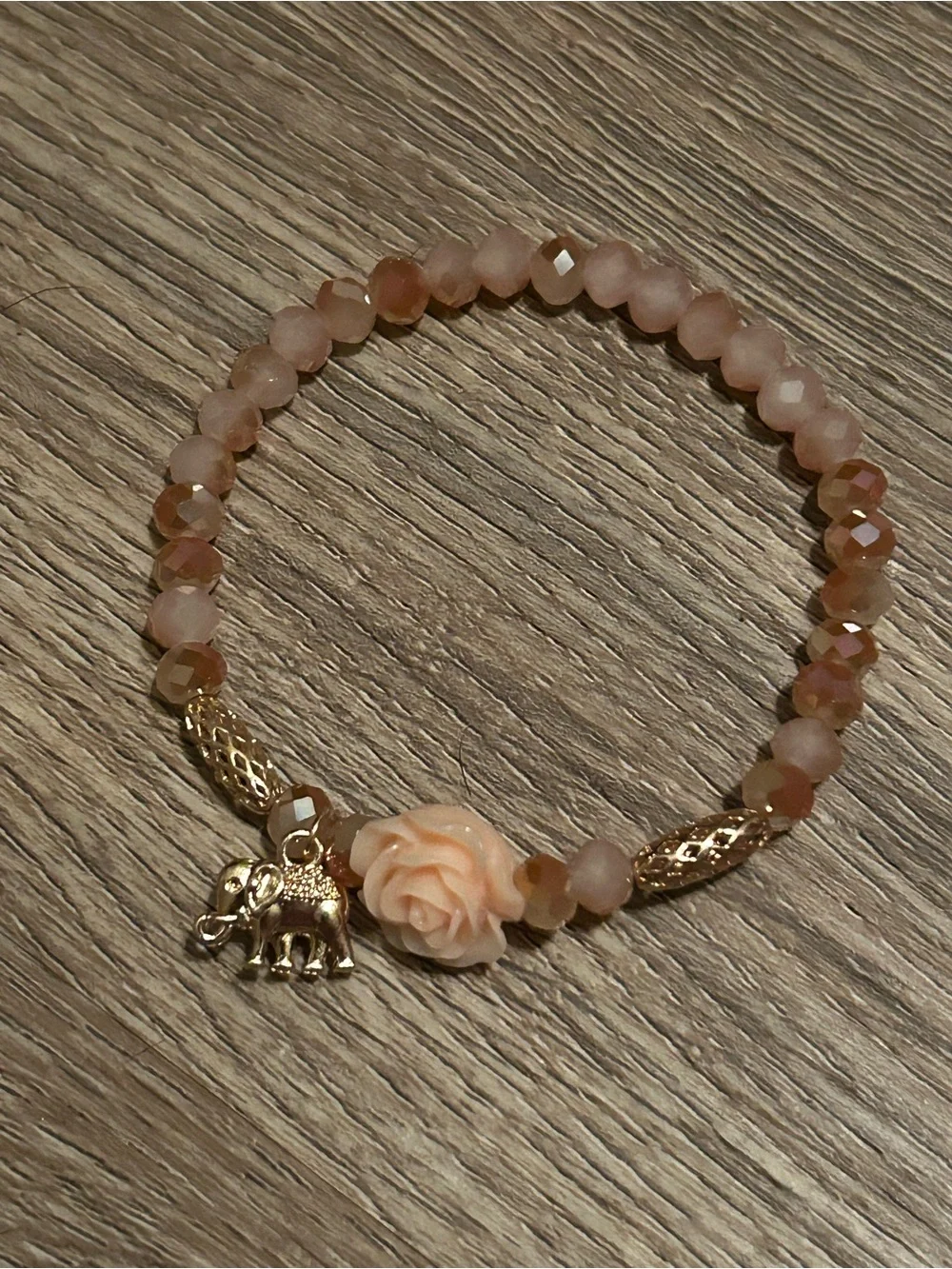 Peach Floral Rose Bead Bracelet with Gold Elephant Charm